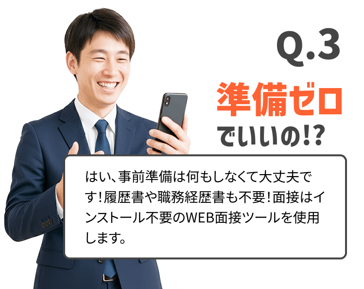 Q.3
準備ゼロ
でいいの!?
はい、事前準備は何もしなくて大丈夫です！履歴書や職務経歴書も不要！面接はインストール不要のWEB面接ツールを使用します。