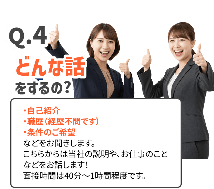 Q.4
どんな話
をするの?
・自己紹介
・職歴（経歴不問です）
・条件のご希望
などをお聞きします。 こちらからは当社の説明や、お仕事のことなどをお話します！
面接時間は40分〜1時間程度です。